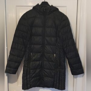Mid Length Packable Lightweight Black Down Puffer Coat Jacket with Hood S M L